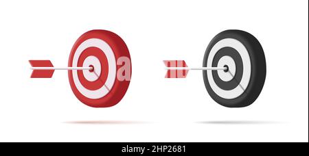 Target and arrow in the center, 3d render digital icons in red and black with white colors Stock Vector