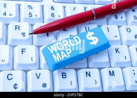 Writing displaying text World Map, Word Written on a diagrammatic representation of the surface of the earth Typing Engineering Lessons And Lectures, Stock Photo