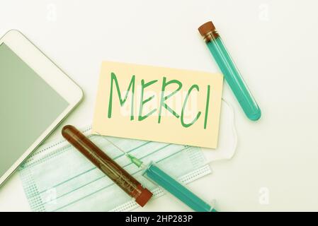 Text caption presenting Merci, Word for what is said or response when someone helps you in France Thank you Sending Virus Awareness Message, Abstract Stock Photo