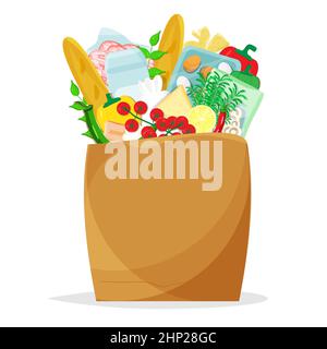 Grocery paper bag full of food products. Vector illustration flat. Stock Vector