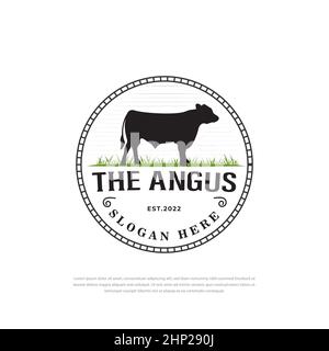 Black angus cow animal logo on grass,Vector Vintage Cow Beef logo design inspiration Stock Vector