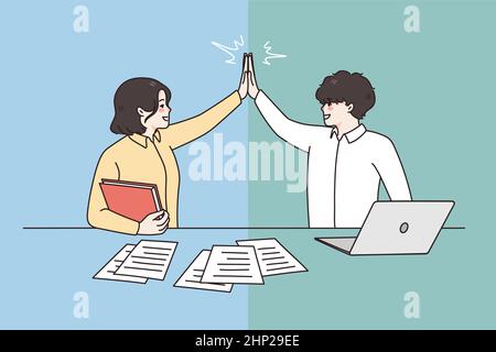 Happy businesspeople give high five for shared success Stock Vector
