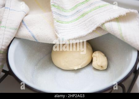 Preparation of dough for making dumplings, ravioli, manti, dumplings. Dough in a plate under a towel Stock Photo