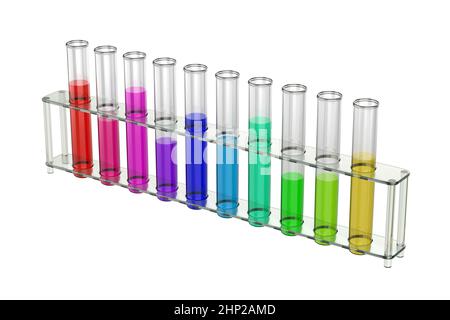 Test tubes with colorful liquids in a rack on white background Stock ...