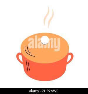 Kitchen pans with hot lunch. Home cooking. Healthy delicious food. Flat vector illustration isolated on white background Stock Vector