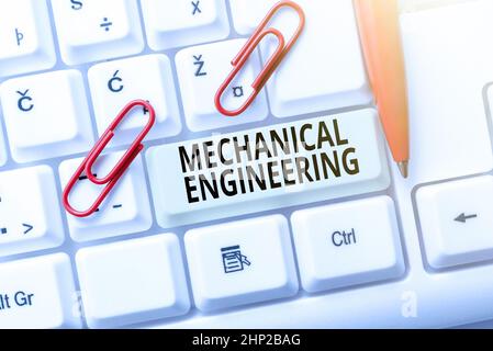Text caption presenting Mechanical Engineering, Word Written on deals with Design Manufacture Use of Machines Abstract Typing New Antivirus Program, T Stock Photo