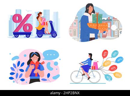 Big discounts on sales in retail stores set vector illustration. Cartoon woman character riding scooter and carrying percent symbol, shopaholic girls Stock Vector