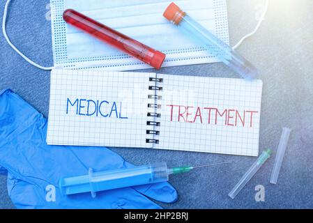 Handwriting text Medical Treatment, Business overview Management and care of a patient to combat disease Writing Prescription Medicine Laboratory Test Stock Photo