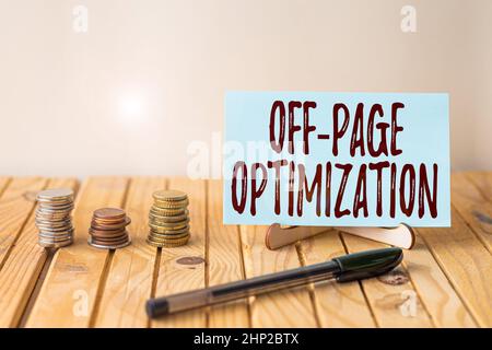 Conceptual display Off Page Optimization, Internet Concept Website External Process Promotional Method Ranking Empty Piece Of Paper On Holder Beside S Stock Photo