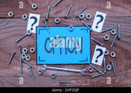 Conceptual display Option, Word Written on the opportunity or ability to choose something or to choose New Ideas Brainstoming For Maintenance Planning Stock Photo