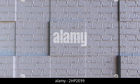 Architectural masonry with 3d render of square cutouts. Fashionable style of construction with rough brick blocks and layers of hardened mortar. Urban Stock Photo