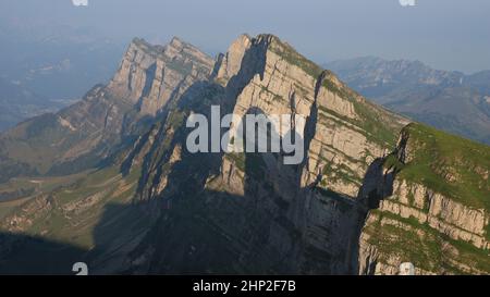 Churfirsten range seen from Chaserrugg. Summer morning in the Swiss Alps. Stock Photo