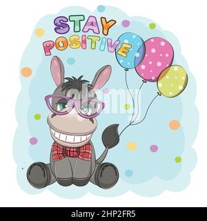 Cute smiling cartoon donkey in glasses. Greeting card. Stock Vector