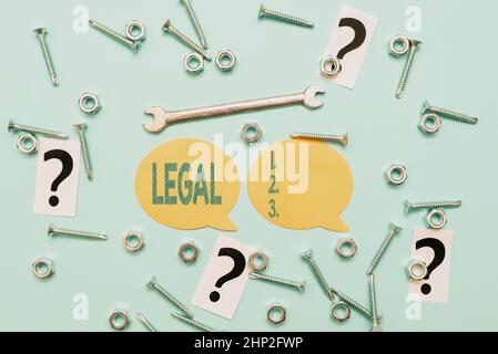 Text showing inspiration Legal, Internet Concept Allowable or enforceable by being in conformity with the law New Ideas Brainstoming For Maintenance P Stock Photo