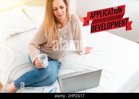 Text sign showing Application Development, Business showcase creation of Computer Apps for use on Mobile Devices Creating New And Interesting Online C Stock Photo
