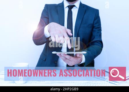 Handwriting text Homeowners Association, Internet Concept Organization with fee for upkeeps of Gated Community Presenting Communication Technology Sma Stock Photo