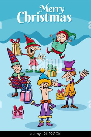 design or card with cartoon elves on Christmas time Stock Vector