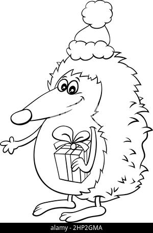 cartoon hedgehog on Christmas time coloring book page Stock Vector