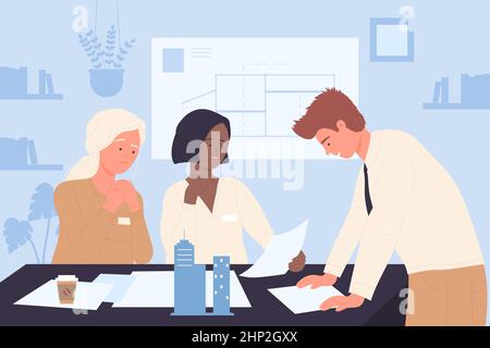 Architects work on architectural project of modern building. Team of people sitting at table with house model, working with paper documents flat vecto Stock Vector