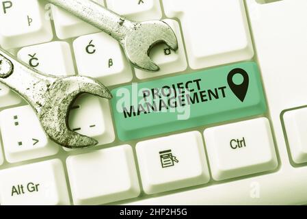 Hand writing sign Project Management, Conceptual photo Application Process Skills to Achieve Objectives and Goal Writing Comments On A Social Media Po Stock Photo