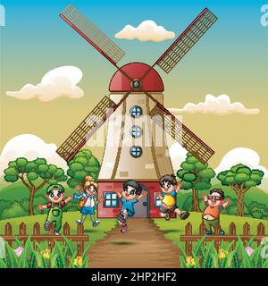 happy kids playing in front of windmill building background Stock Vector