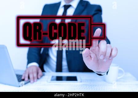 Text sign showing Qr Code, Word Written on the trademark for a type of matrix barcode A machinereadable code Remote Office Work Online Smartphone Voic Stock Photo