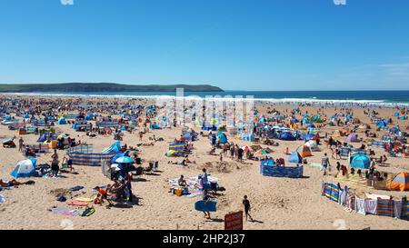 Woolacombe Beach full of people in the summer, North Devon Stock Photo