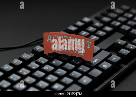 Writing displaying text Accident Report, Concept meaning A form that is filled out record details of an unusual event Typing Online Member Name Lists, Stock Photo