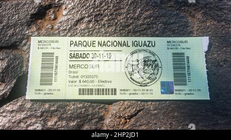 Puerto Iguazu, Argentina - Circa November 2019: Close up of the entrance ticket for Mercosur members to the Iguazu National Park Stock Photo