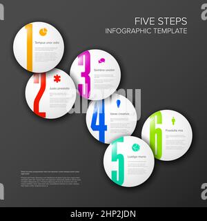 Vector fresh progress steps template with descriptions, icons and circles on dark gray background. Colorful progress process infographic template with Stock Vector