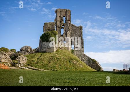 Low level view of the Keep of Corfe Castle seen from inside the castle grounds in Corfe, Dorset, UK on 18 February 2022 Stock Photo