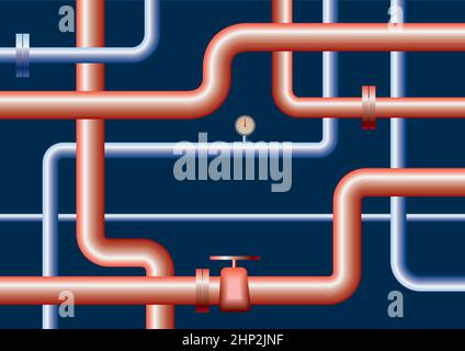 Pipelines Vector Illustration. An illustration of different size industrial pipes in red and blue colors on a dark blue background. Perfect for illust Stock Vector