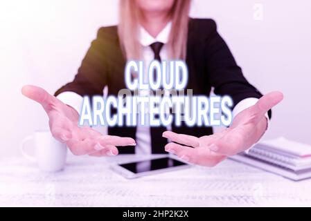 Hand writing sign Cloud Architectures, Conceptual photo Various Engineered Databases Softwares Applications Presenting Corporate Business Data, Discus Stock Photo