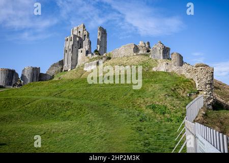 View looking up at the Keep of Corfe Castle seen from inside the castle grounds in Corfe, Dorset, UK on 18 February 2022 Stock Photo