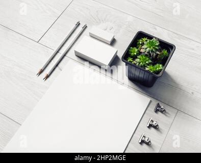 Blank stationery template on light wooden background. Mockup for design presentations and portfolios. Stock Photo