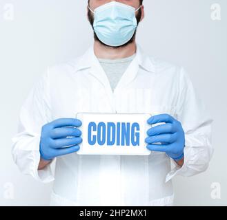 Text caption presenting Coding, Business idea assigning code to something for classification identification Research Scientist Presenting New Smartpho Stock Photo