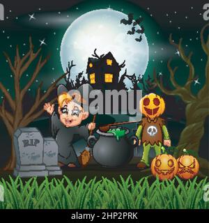 Premium Vector  Halloween vampire cartoon with pumpkin mask at night  design, holiday and scary theme illustration