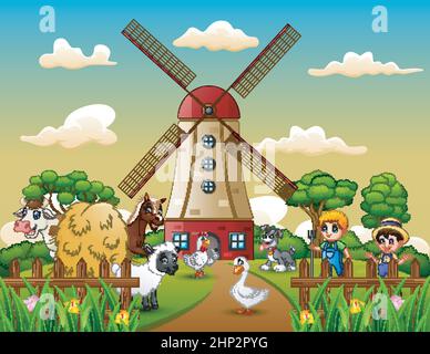 sheep and horse fence flowers trees meadow farm animal cartoon vector ...