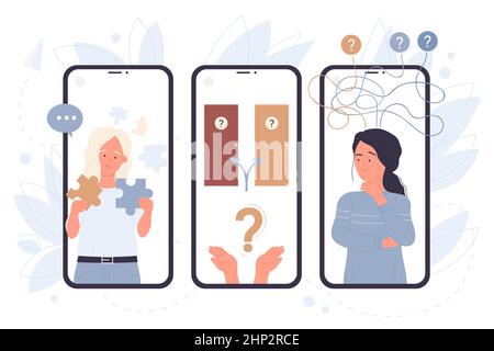 Choice from two door and alternative options, puzzle jigsaw game of confused people on screens of mobile phones vector illustration. Cartoon persons w Stock Vector
