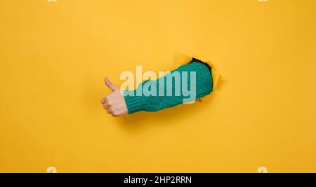 woman's hand sticks out of the torn hole and shows a gesture okay, thumb up. Yellow background Stock Photo