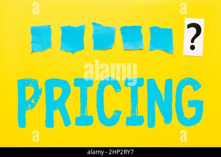 Handwriting text Pricing, Conceptual photo the method companies use to price their products or services Critical Thinking Finding Clues Answering Ques Stock Photo