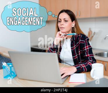 Text caption presenting Social Engagement, Conceptual photo Degree of engagement in an online community or society Sharing Experience Through Video Bl Stock Photo