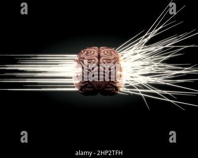 A concept showing light rays exiting a human brain with the left depicting analytical and logical and the right depicting scatteredand creative - 3D r Stock Photo