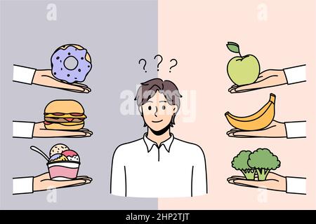 Choosing lifestyle and diet concept. Young frustrated man standing trying to choose between healthy balanced vegetarian foods and fast food vector ill Stock Photo