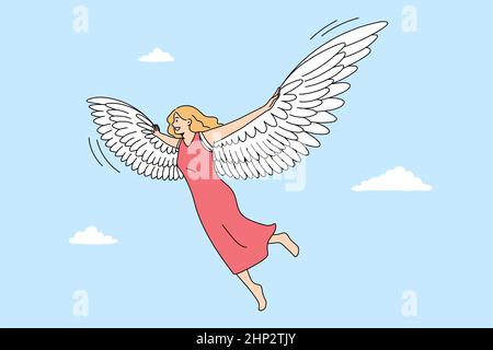 Freedom imagination and flight concept. Smiling blonde woman barefoot flying levitating in air in dress with angel or bird wings on back feeling free Stock Photo