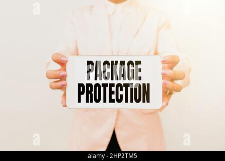 Text showing inspiration Package Protection, Business concept Wrapping and Securing items to avoid damage Labeled Box Presenting New Technology Ideas Stock Photo