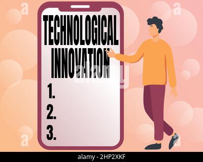 Text caption presenting Technological Innovation, Word for New Invention from technical Knowledge of Product Man Drawing Standing Next To A Large Phon Stock Photo