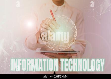Hand writing sign Information Technology, Business concept use Systems to Store Retrieve Transmit Send Data Woman In Suit Holding Tablet With Circular Stock Photo