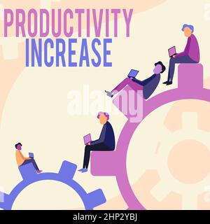 Conceptual caption Productivity Increase, Concept meaning get more things done Output per unit of Product Input Four Teammates Drawing Sitting Gears U Stock Photo