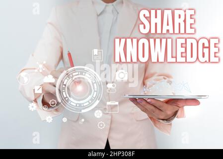 Text showing inspiration Share Knowledge, Business overview teaching others what I learnt before Giving lectures Business Woman Touching Digital Data Stock Photo